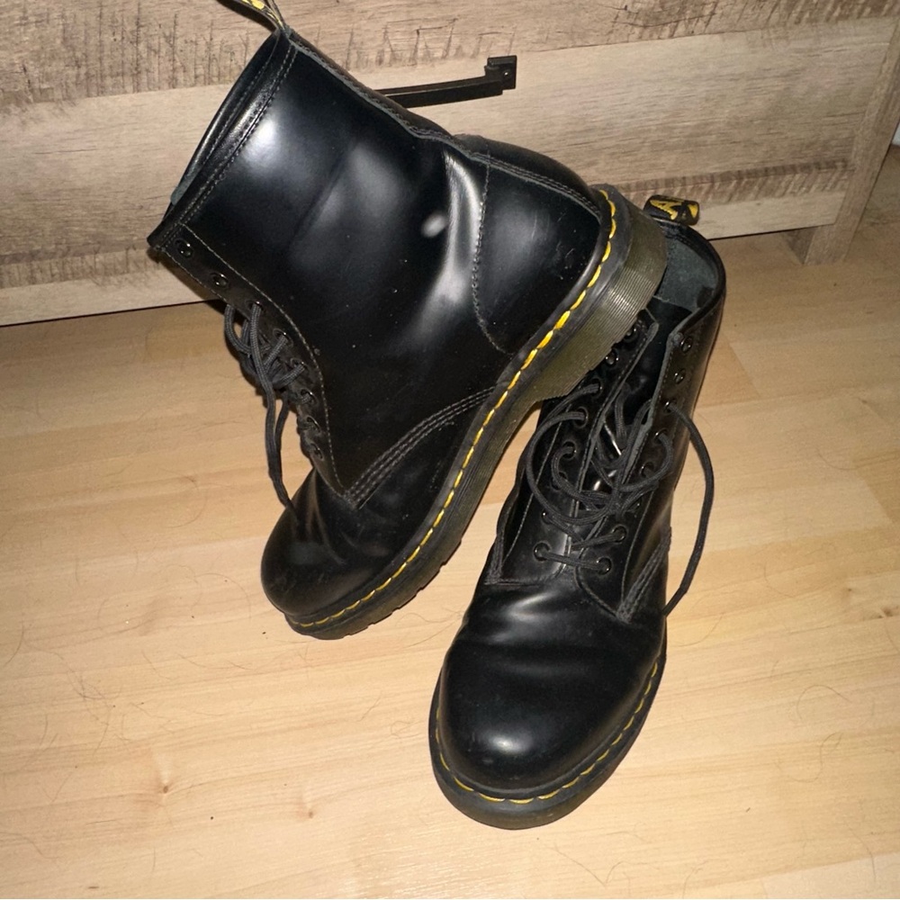 Black Leather Doc Marten Combat Boots with Yellow Stitching